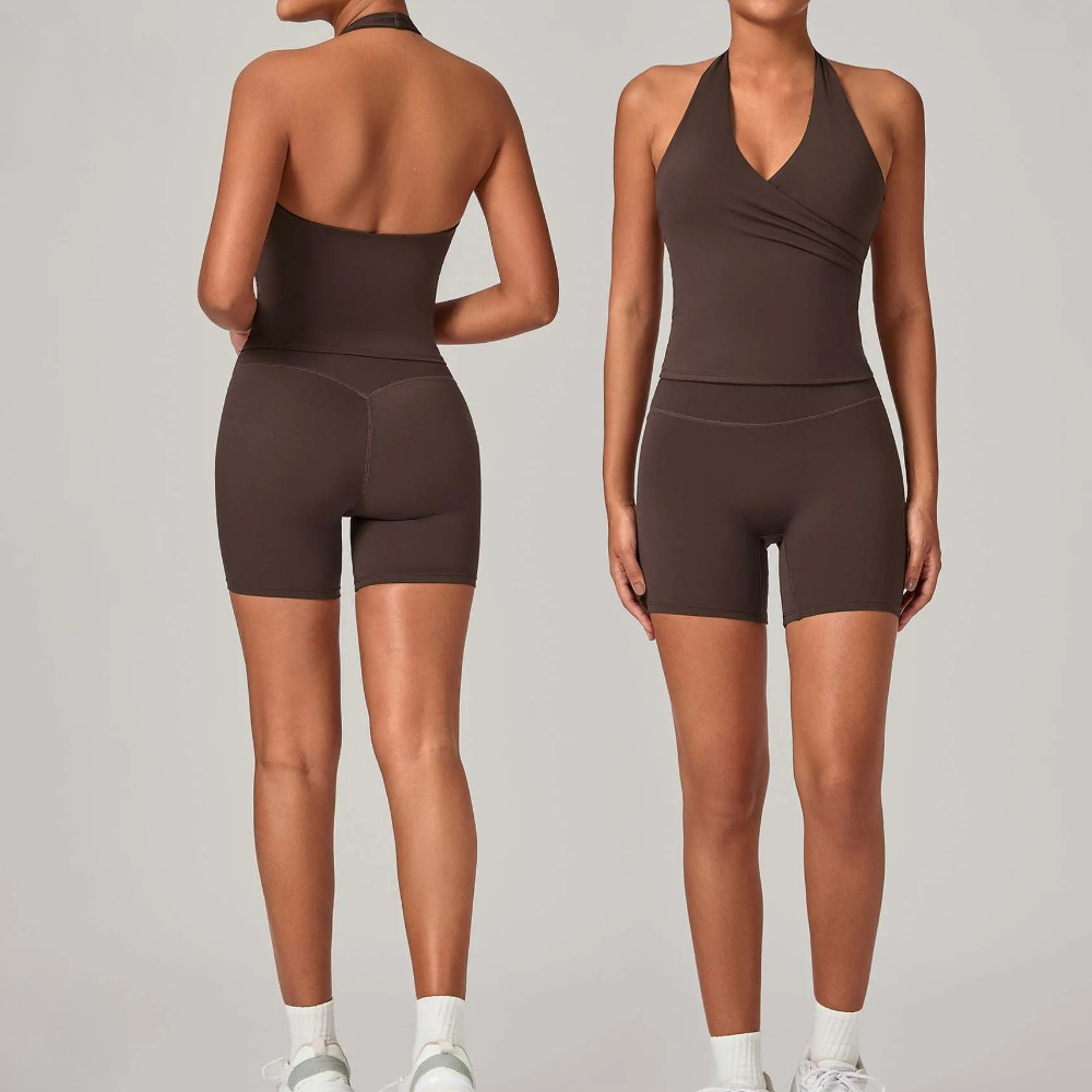 Pilates Yoga Jacket - ชุดออกกำลังกายผู้หญิง 2 ชิ้น เสื้อกล้ามคอวีแบบผูกเอว พร้อมกางเกงขาสั้นโยคะเอวสูง ช่วยยกสะโพก